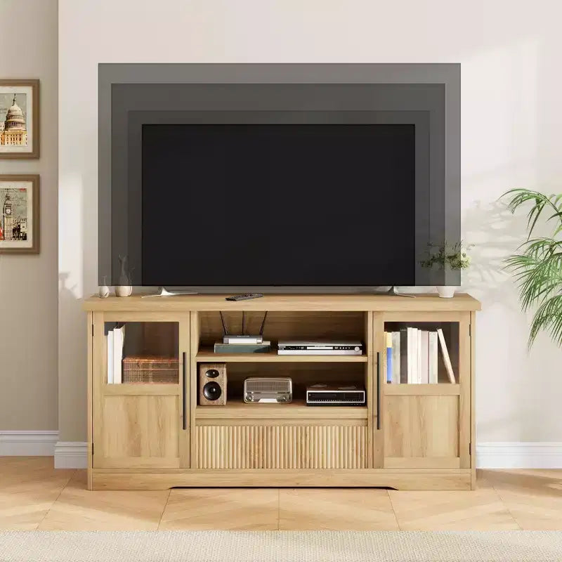 Farmhouse TV Stand - 72'' TV Fit, Wave Pattern, 2 Glass-Door Cabinets, 2 Open Storage, Entertainment Center for Living Room