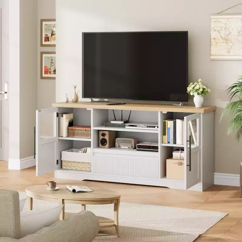 Farmhouse TV Stand - 72'' TV Fit, Wave Pattern, 2 Glass-Door Cabinets, 2 Open Storage, Entertainment Center for Living Room