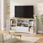 Farmhouse TV Stand - 72'' TV Fit, Wave Pattern, 2 Glass-Door Cabinets, 2 Open Storage, Entertainment Center for Living Room