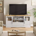 Farmhouse TV Stand - 72'' TV Fit, Wave Pattern, 2 Glass-Door Cabinets, 2 Open Storage, Entertainment Center for Living Room