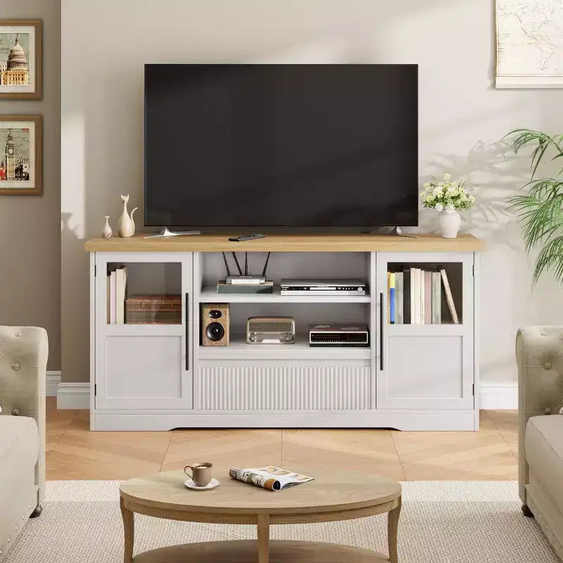 Farmhouse TV Stand - 72'' TV Fit, Wave Pattern, 2 Glass-Door Cabinets, 2 Open Storage, Entertainment Center for Living Room