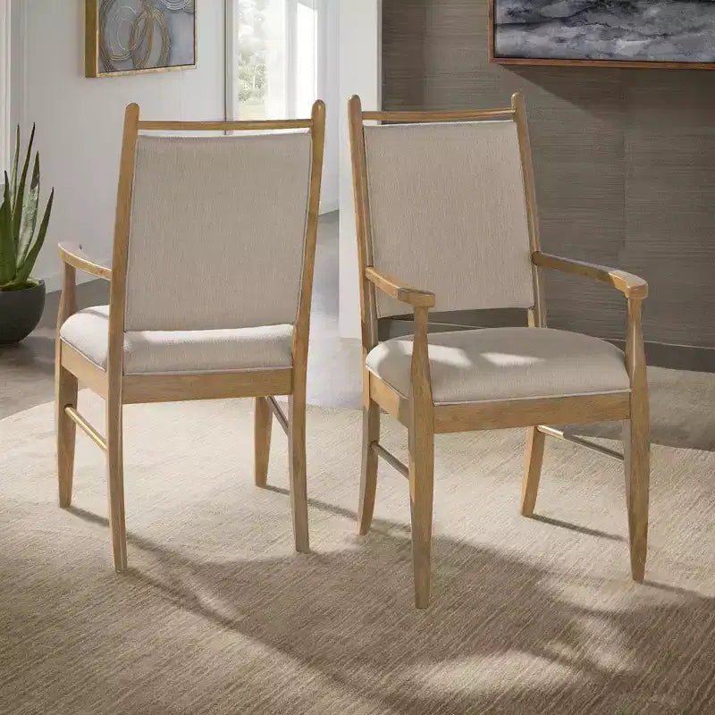 Wood Finish Beige Fabric Arm Chair