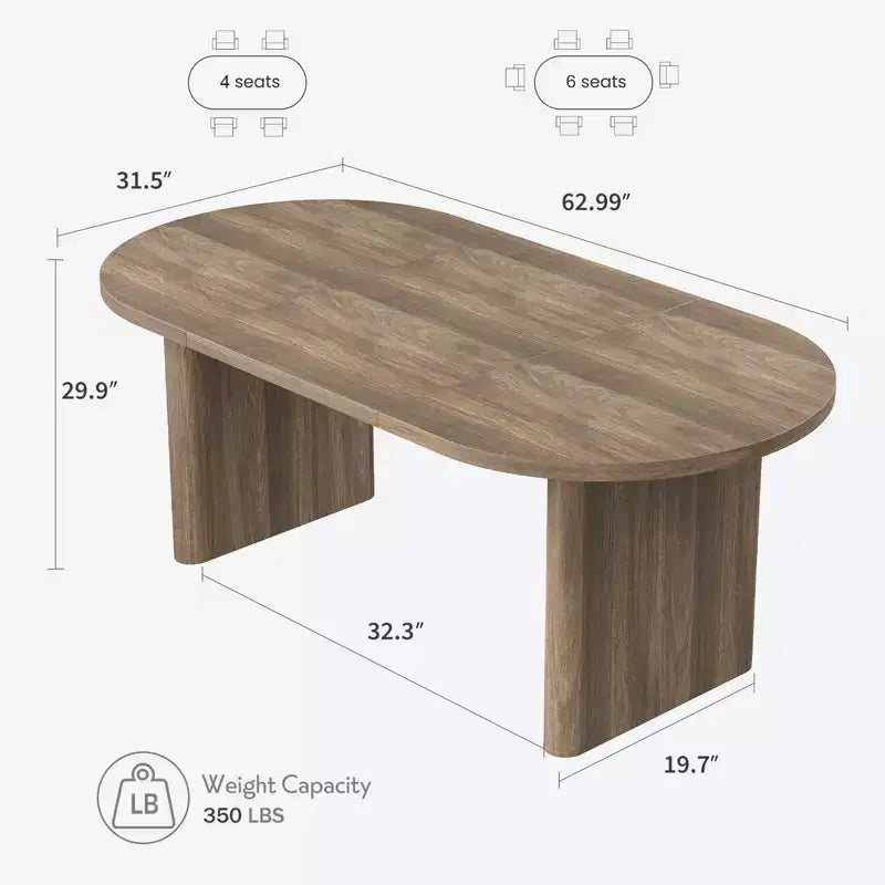 Oval Dining Table for 6-8 People, Long Large Kitchen Table with Thick Sturdy Wooden Base, Farmhouse Dining Room Table (63 Long)