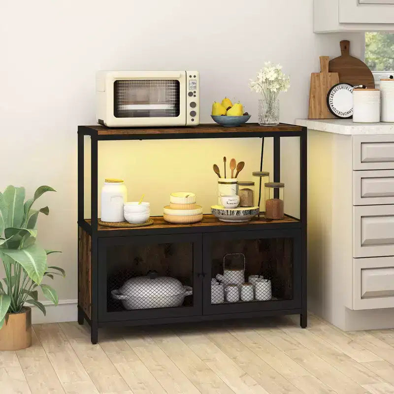 Coffee Bar Cabinet with LED Lights, Industrial Buffet Sideboard with Charging Station