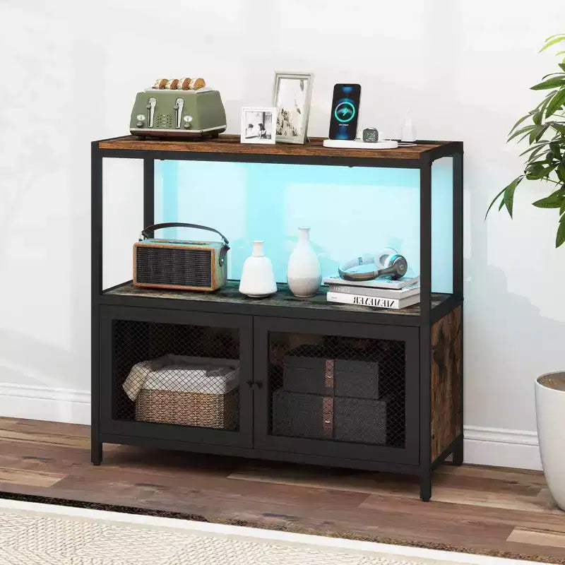 Coffee Bar Cabinet with LED Lights, Industrial Buffet Sideboard with Charging Station