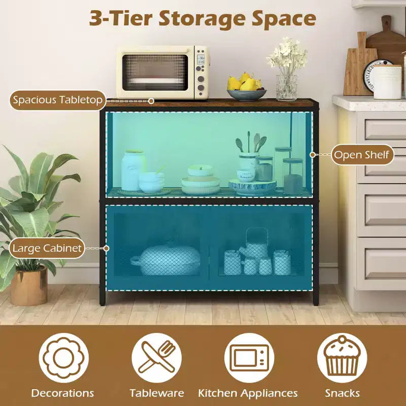 Coffee Bar Cabinet with LED Lights, Industrial Buffet Sideboard with Charging Station