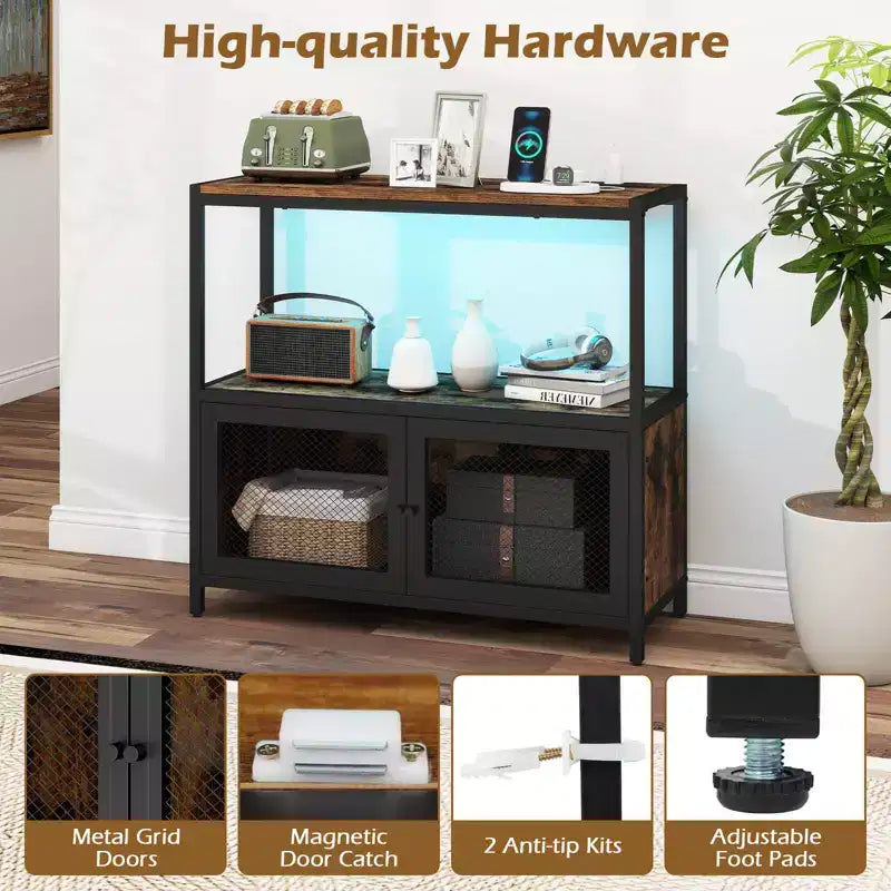 Coffee Bar Cabinet with LED Lights, Industrial Buffet Sideboard with Charging Station