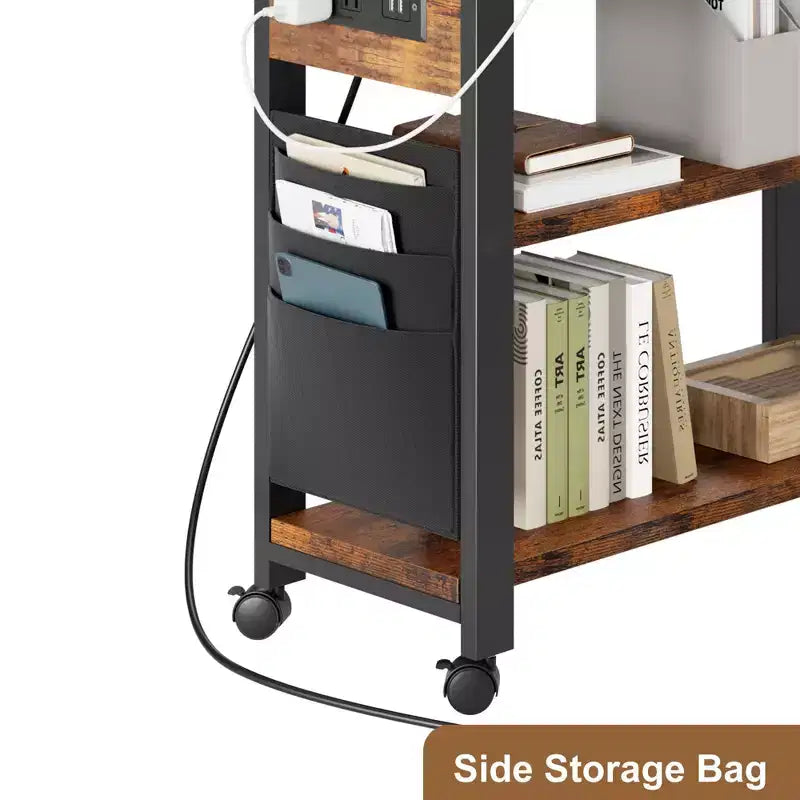 Swivel Side Table with Charging Station and Storage Bag, Rotating End Table with 6 Locking Wheels for Bedroom Living Room