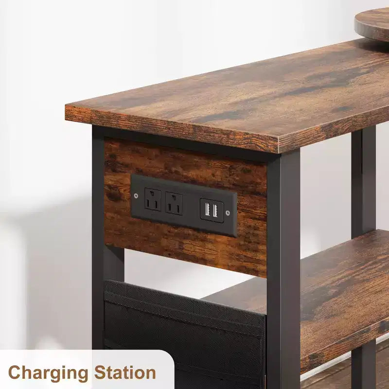 Swivel Side Table with Charging Station and Storage Bag, Rotating End Table with 6 Locking Wheels for Bedroom Living Room