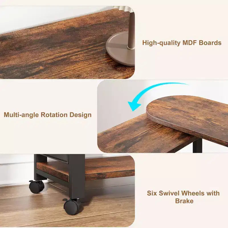 Swivel Side Table with Charging Station and Storage Bag, Rotating End Table with 6 Locking Wheels for Bedroom Living Room
