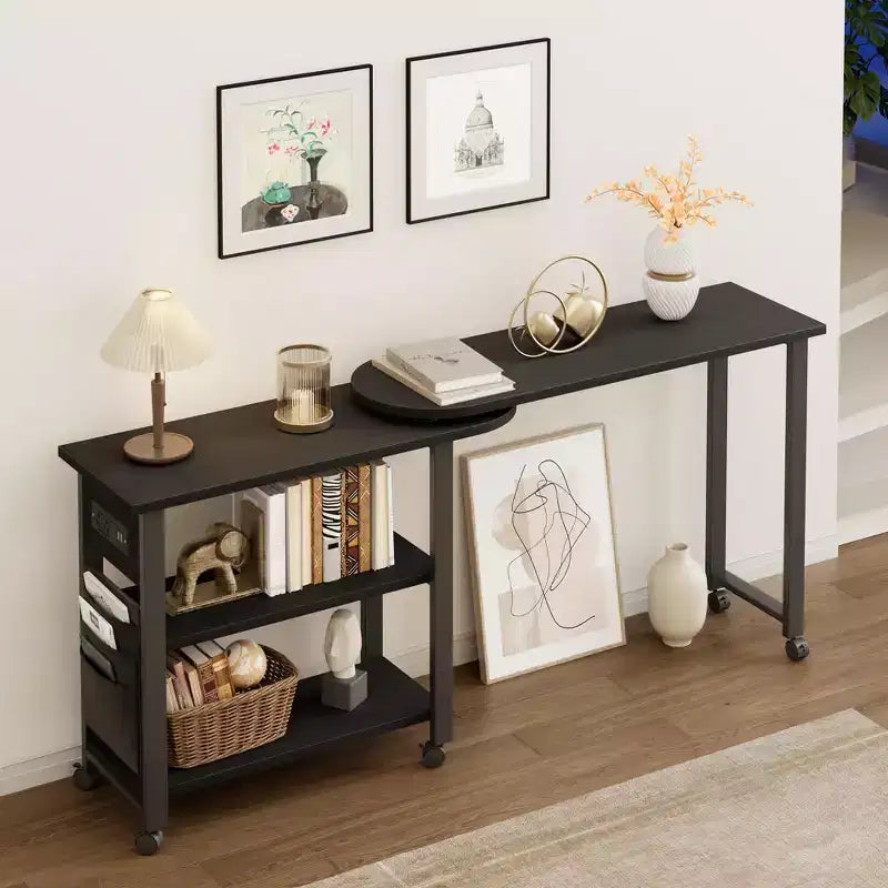 Swivel Side Table with Charging Station and Storage Bag, Rotating End Table with 6 Locking Wheels for Bedroom Living Room