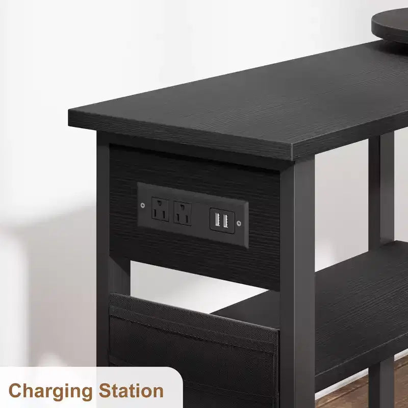 Swivel Side Table with Charging Station and Storage Bag, Rotating End Table with 6 Locking Wheels for Bedroom Living Room