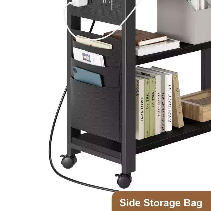 Swivel Side Table with Charging Station and Storage Bag, Rotating End Table with 6 Locking Wheels for Bedroom Living Room