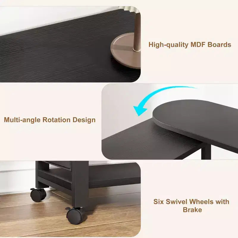 Swivel Side Table with Charging Station and Storage Bag, Rotating End Table with 6 Locking Wheels for Bedroom Living Room