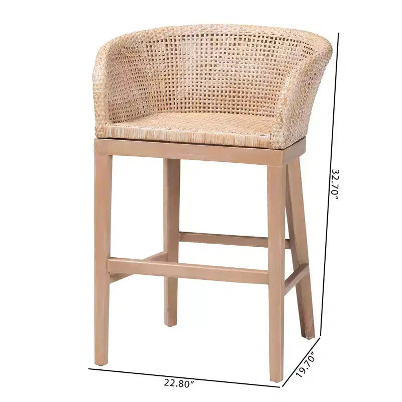 Papua Rattan and Mahogany Wood Counter Height Barstool Antique White Wash/Light Brown