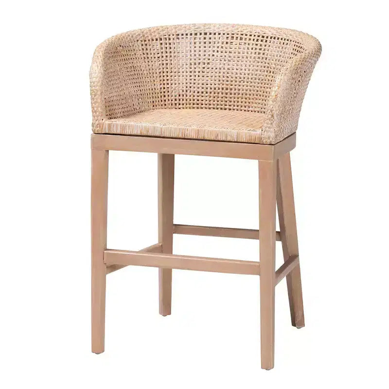 Papua Rattan and Mahogany Wood Counter Height Barstool Antique White Wash/Light Brown