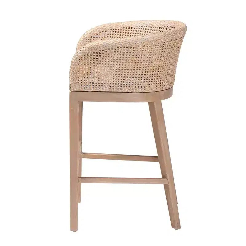 Papua Rattan and Mahogany Wood Counter Height Barstool Antique White Wash/Light Brown