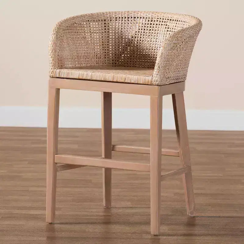 Papua Rattan and Mahogany Wood Counter Height Barstool Antique White Wash/Light Brown