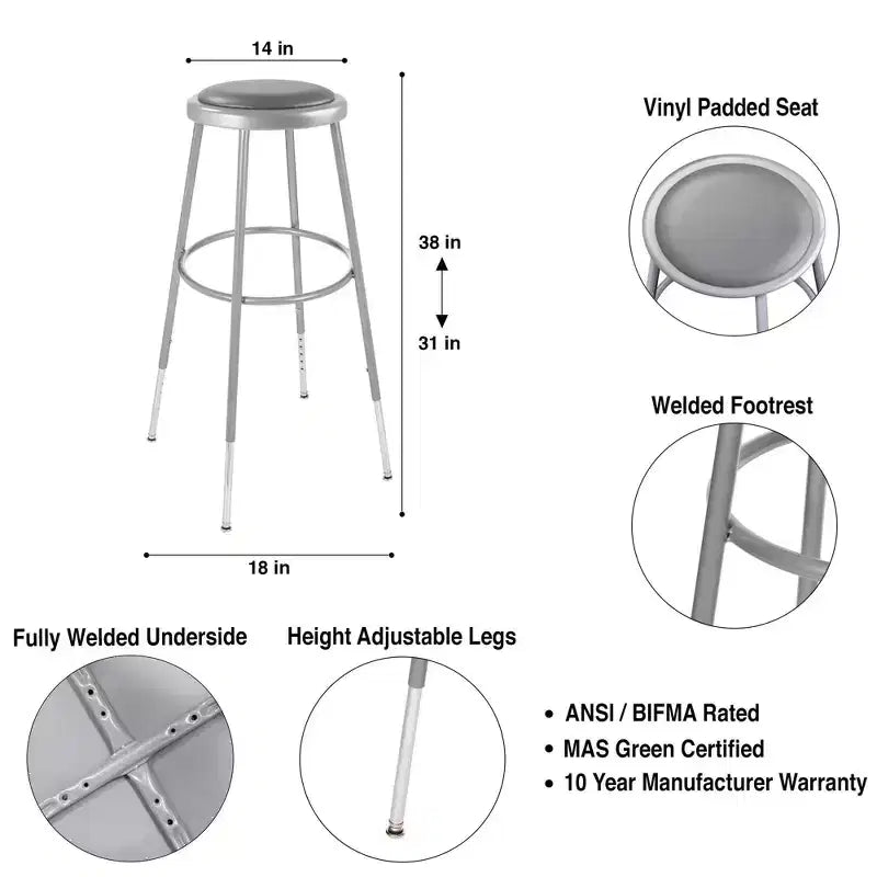 32"-39" Height Adjustment Stool Gray: Vinyl Upholstery, Steel Frame, Armless Design