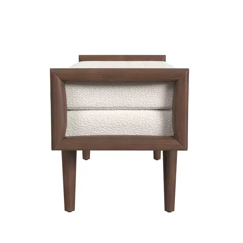 Upholstered Boucle Bench with Wood Base Cream: Mid-Tone Walnut Finish, Rectangle Shape, Polyester Upholstery