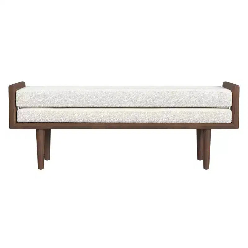Upholstered Boucle Bench with Wood Base Cream: Mid-Tone Walnut Finish, Rectangle Shape, Polyester Upholstery