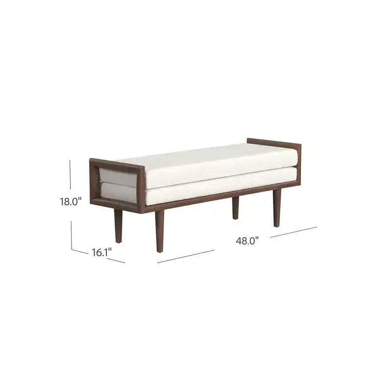 Upholstered Boucle Bench with Wood Base Cream: Mid-Tone Walnut Finish, Rectangle Shape, Polyester Upholstery