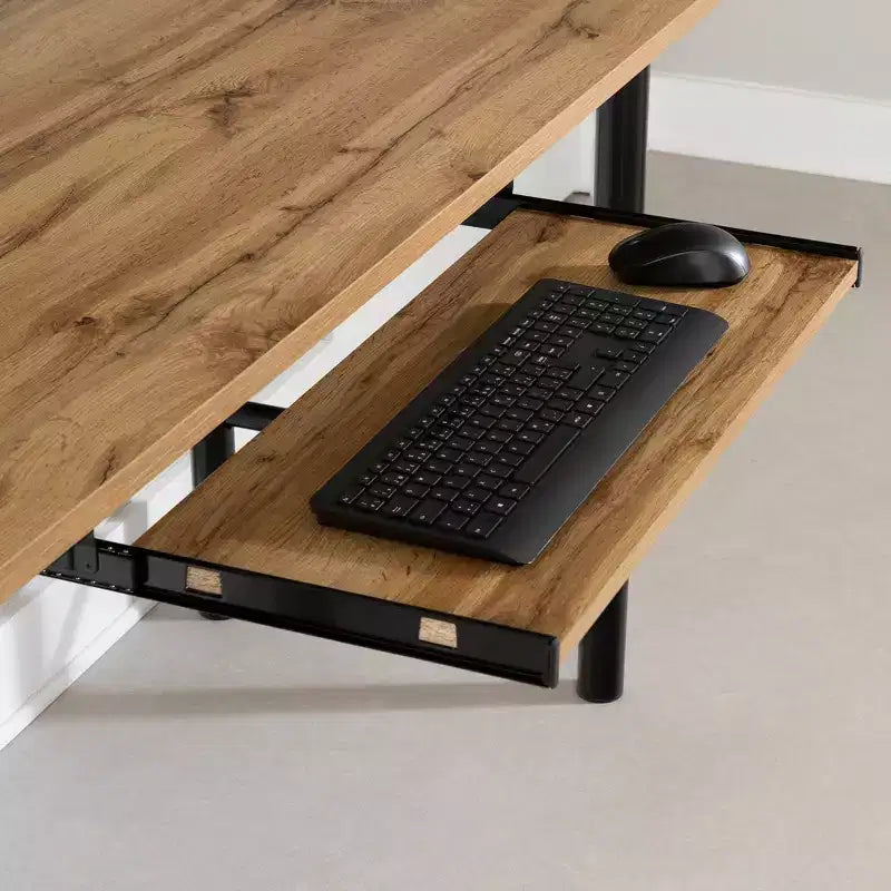 Ezra Melamine Desk Nordik Oak: Large Surface, Retractable Keyboard Shelf