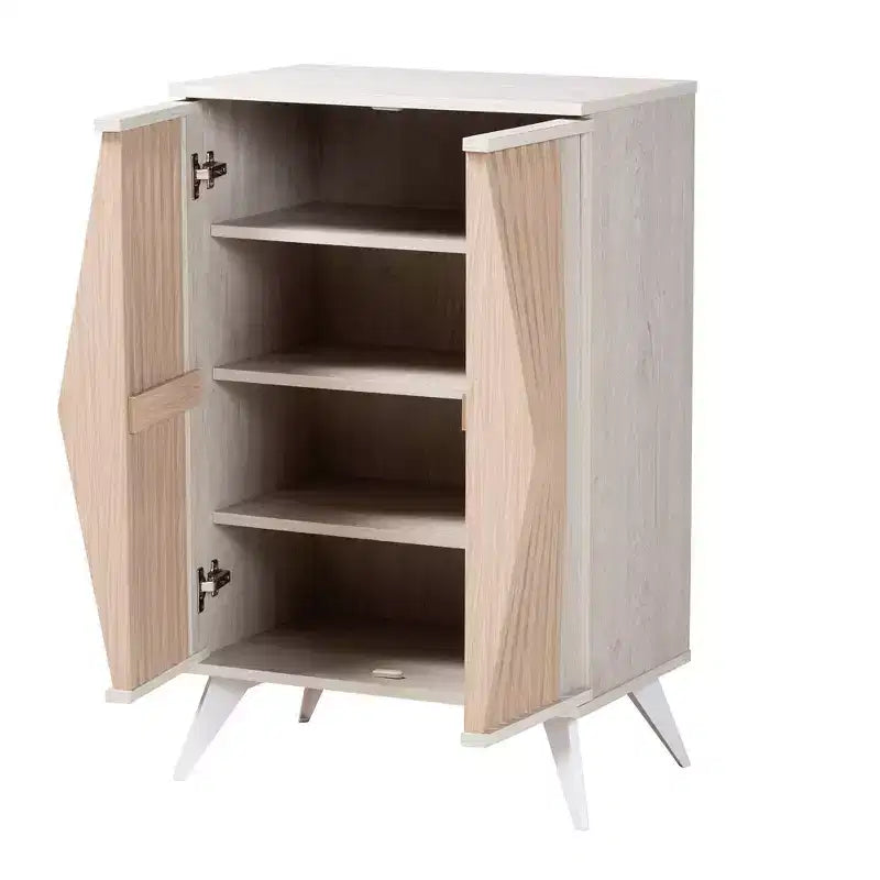 Simona Wood 2 Door Storage Cabinet: Mid-Century Design, 4 Shelves, Angled Legs