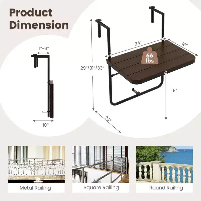 Folding Hanging Table Outdoor Railing Table with 3-Level Adjustable Height