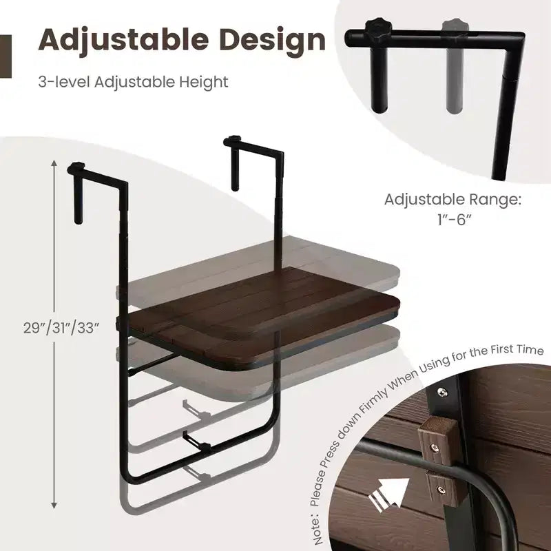 Folding Hanging Table Outdoor Railing Table with 3-Level Adjustable Height