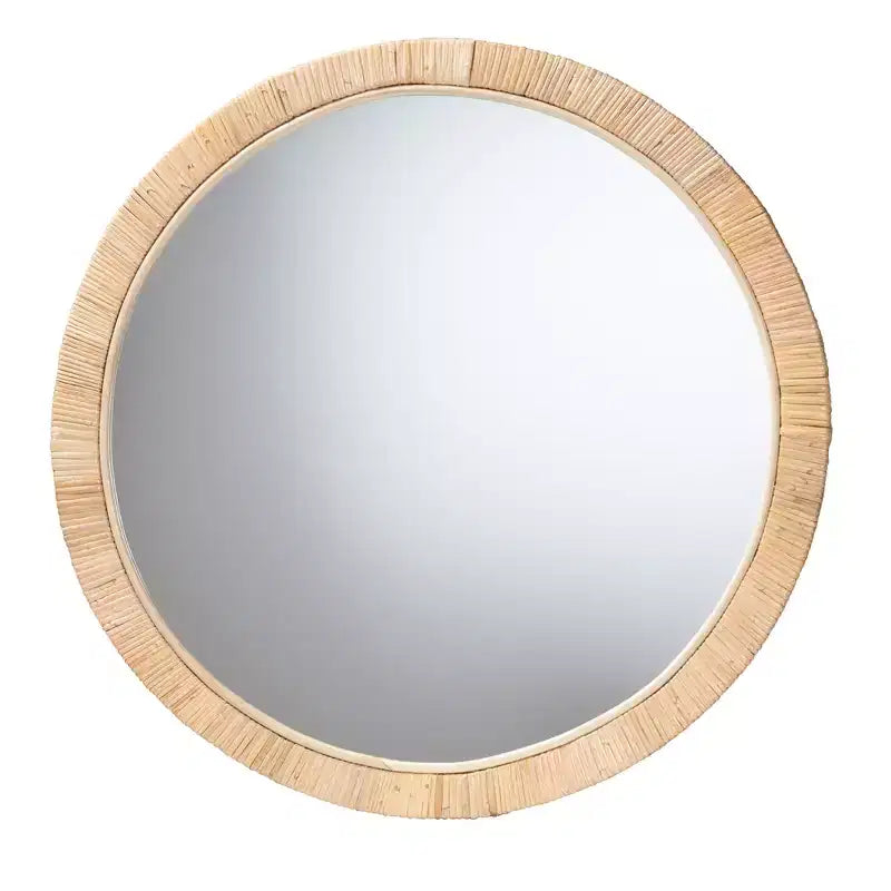 Bella Modern Bohemian Natural Brown Mahogany Wood and Natural Rattan Round Mirror