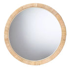 Bella Modern Bohemian Natural Brown Mahogany Wood and Natural Rattan Round Mirror