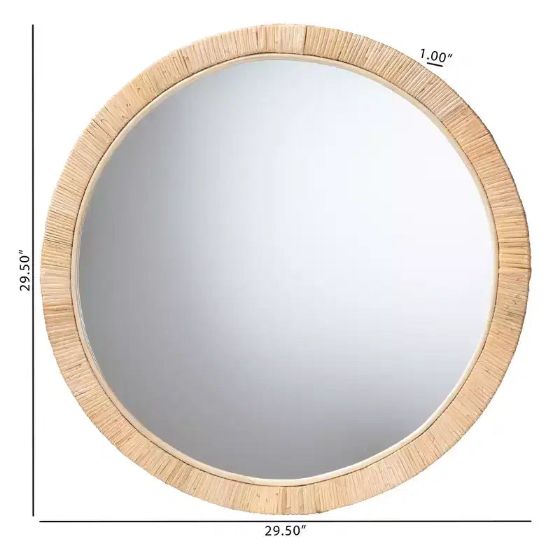 Bella Modern Bohemian Natural Brown Mahogany Wood and Natural Rattan Round Mirror