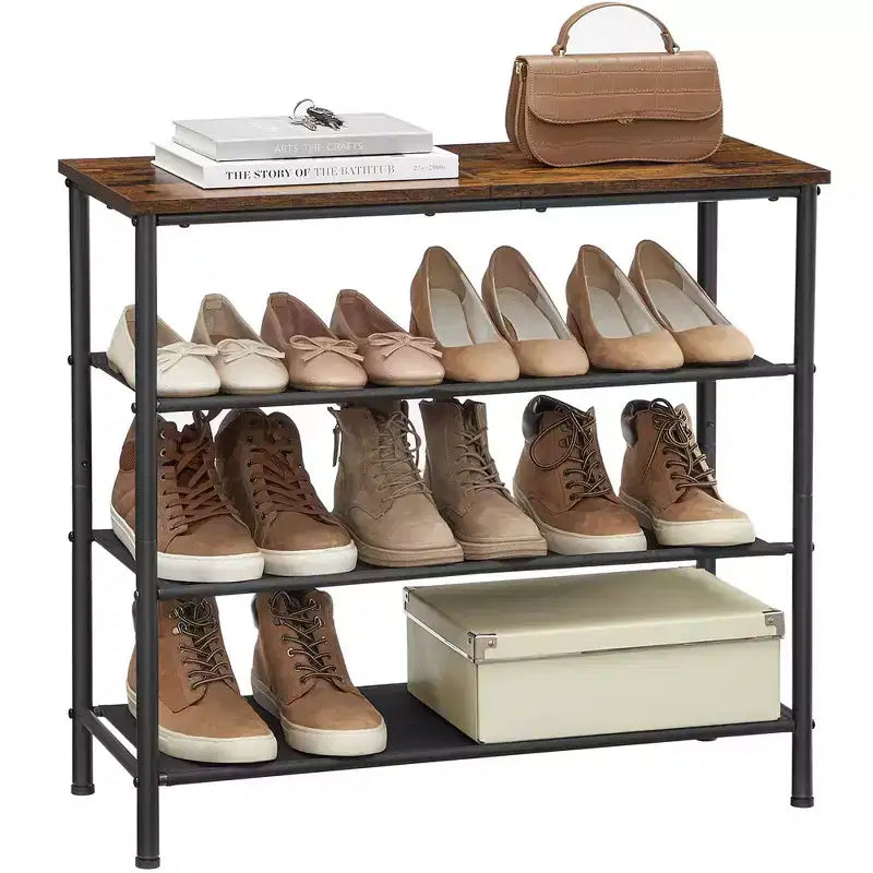 Shoe Rack, 4 Tier Shoe Storage Rack for 9-12 Pairs of Shoes, Shoe Organizer for Entryway, Rustic Brown and Black