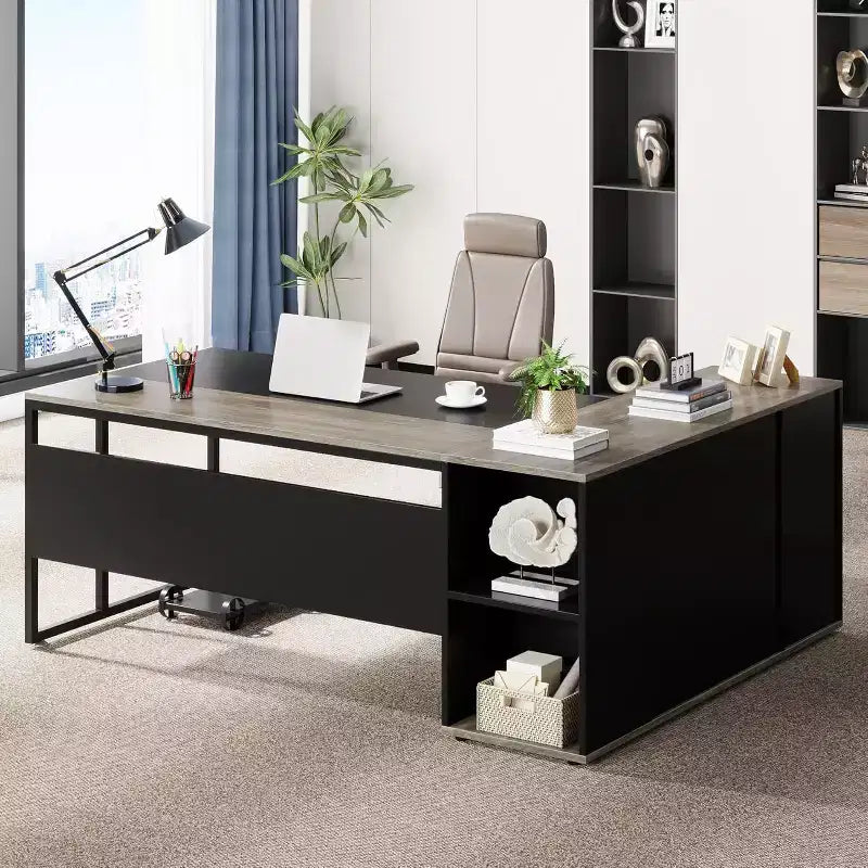 70.86-inch Executive Desk, L-Shaped Office Desk with Storage Cabinet, Business Furniture Desk Workstation for Home Office