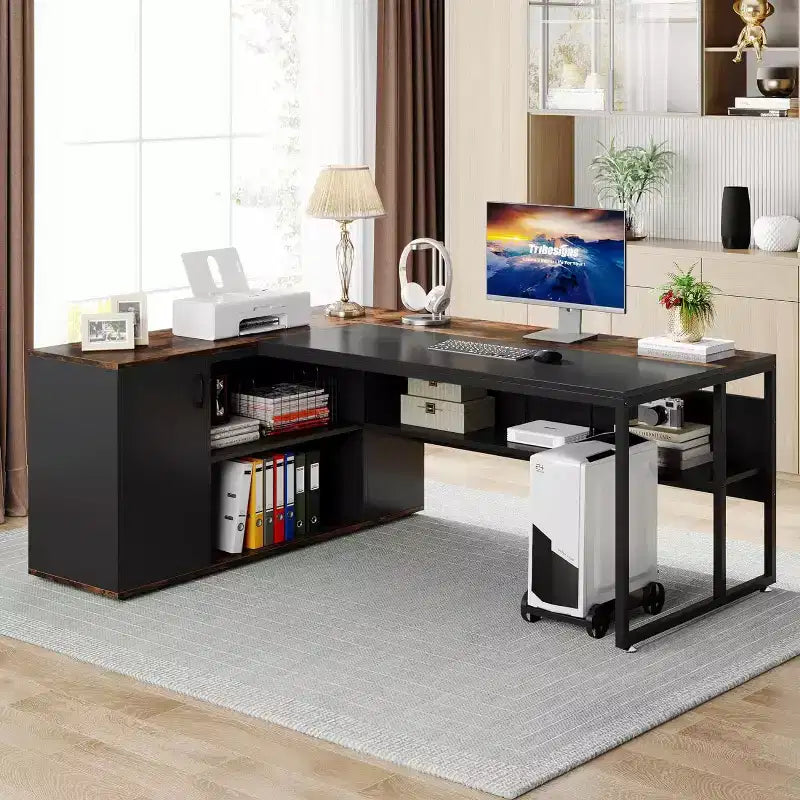 70.86-inch Executive Desk, L-Shaped Office Desk with Storage Cabinet, Business Furniture Desk Workstation for Home Office