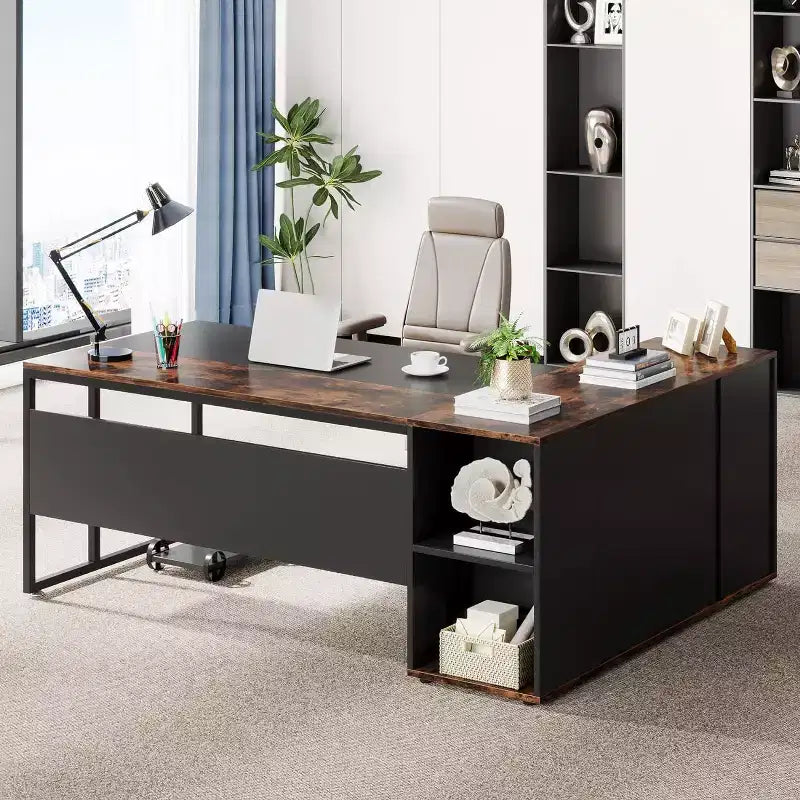 70.86-inch Executive Desk, L-Shaped Office Desk with Storage Cabinet, Business Furniture Desk Workstation for Home Office