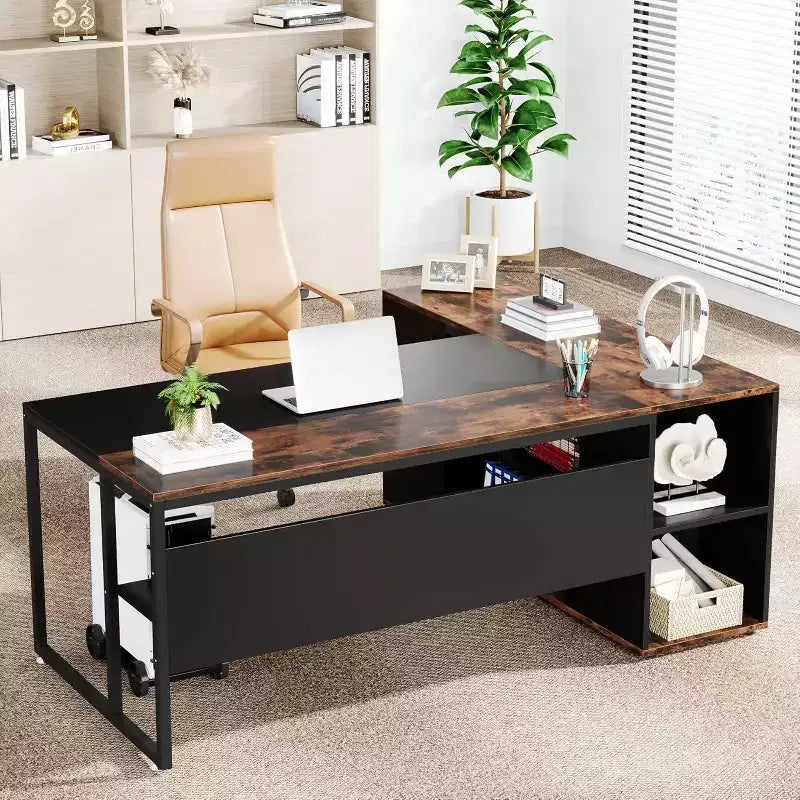 70.86-inch Executive Desk, L-Shaped Office Desk with Storage Cabinet, Business Furniture Desk Workstation for Home Office