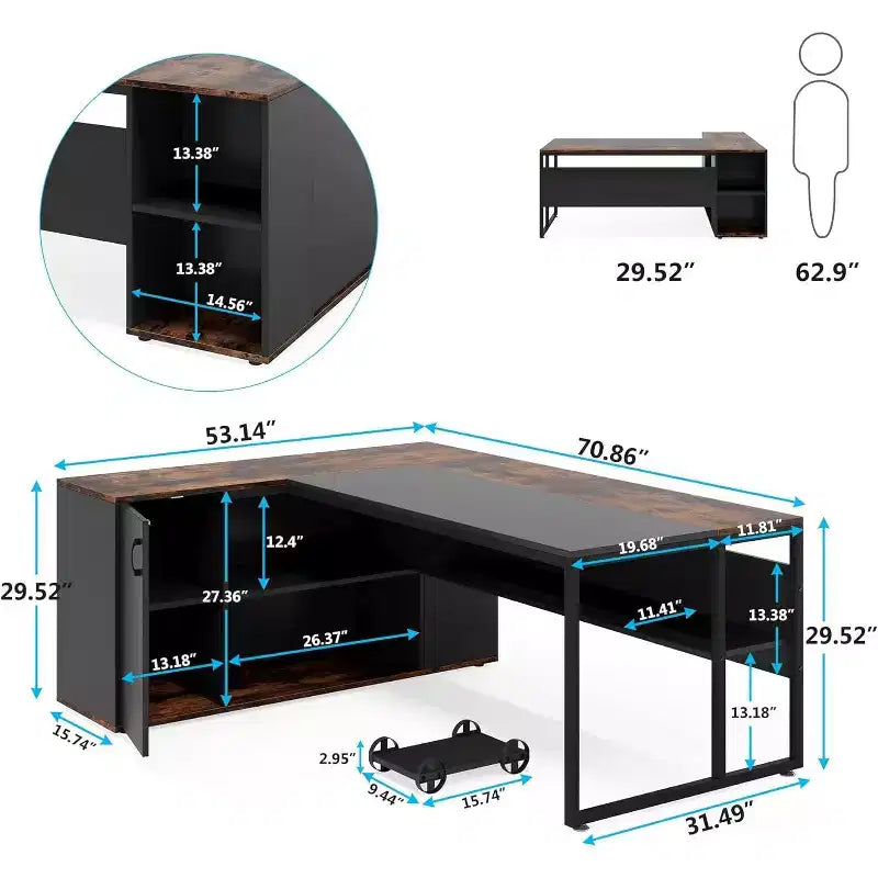 70.86-inch Executive Desk, L-Shaped Office Desk with Storage Cabinet, Business Furniture Desk Workstation for Home Office