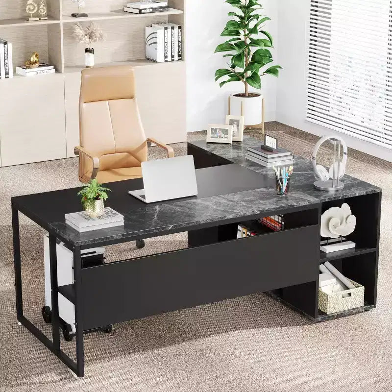 70.86-inch Executive Desk, L-Shaped Office Desk with Storage Cabinet, Business Furniture Desk Workstation for Home Office