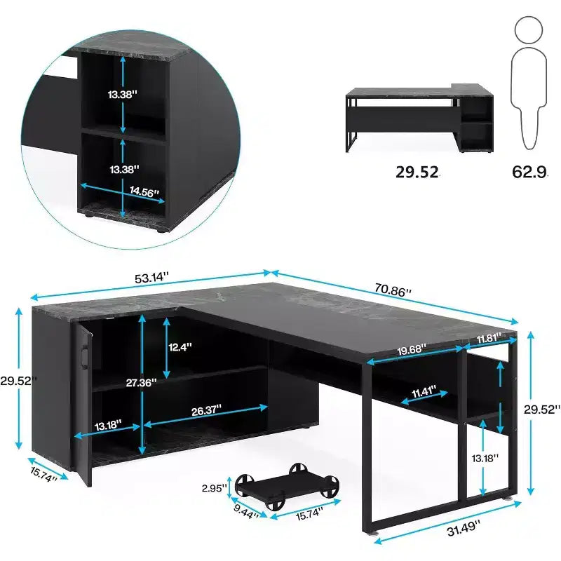 70.86-inch Executive Desk, L-Shaped Office Desk with Storage Cabinet, Business Furniture Desk Workstation for Home Office