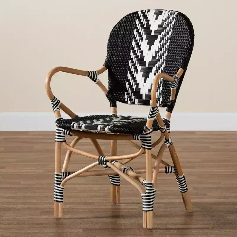 Wallis Modern French Two-Tone Black and White Weaving and Natural Rattan Indoor Dining Chair