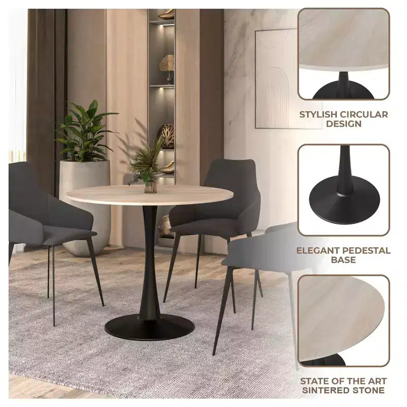 Bristol 31 Round Dining Table Sintered Stone Top, Black Steel Pedestal Base, Accent Café Table for Kitchen & Small Spaces