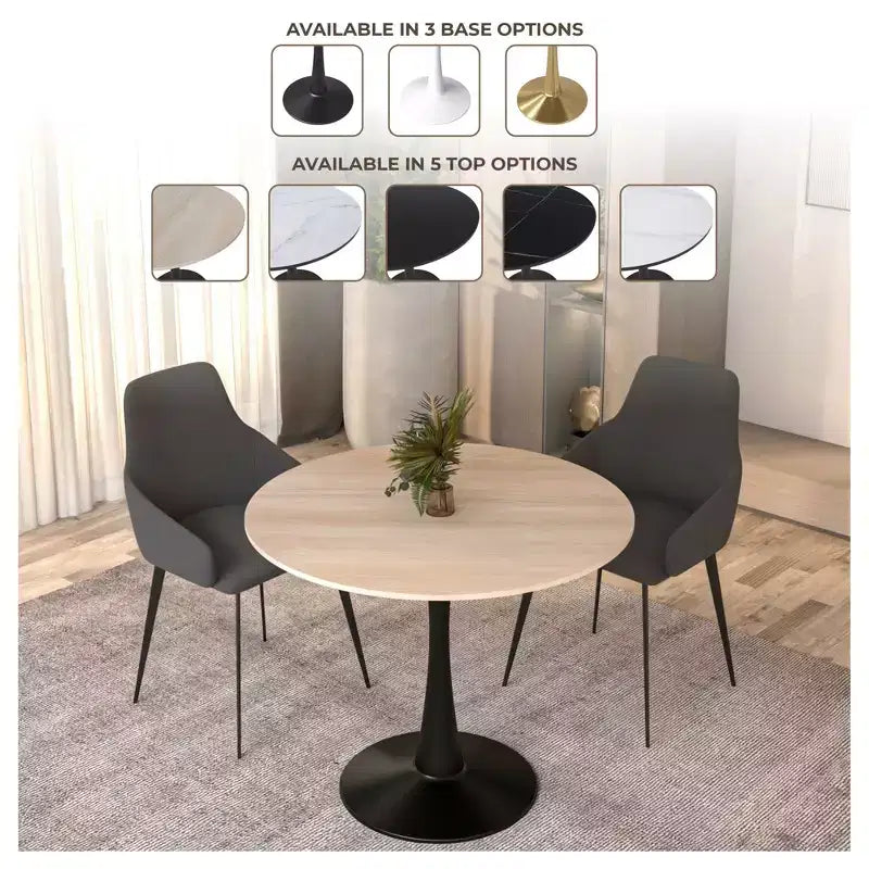 Bristol 31 Round Dining Table Sintered Stone Top, Black Steel Pedestal Base, Accent Café Table for Kitchen & Small Spaces