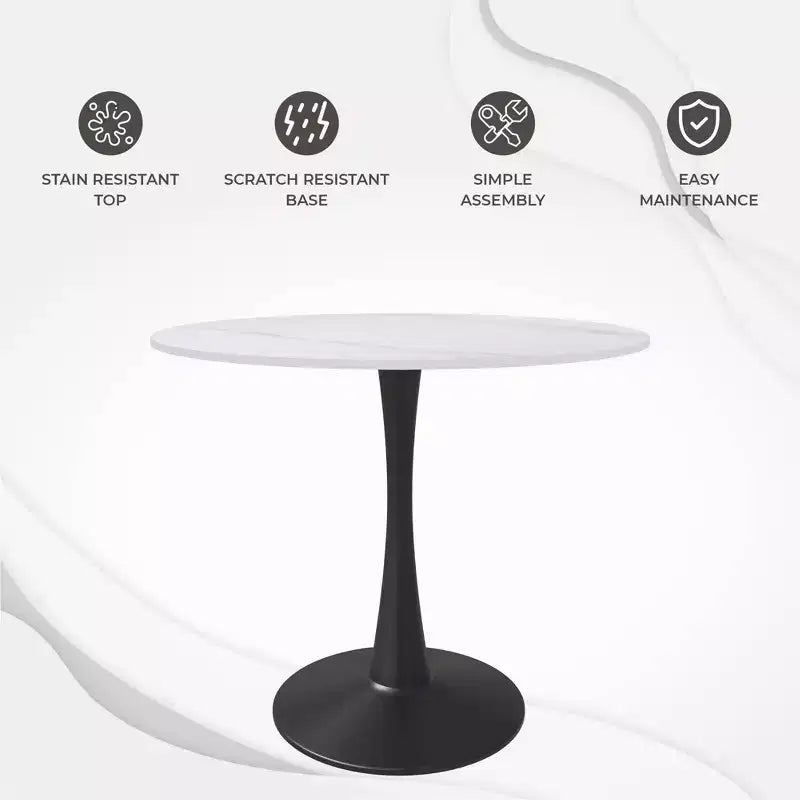 Bristol 31 Round Dining Table Sintered Stone Top, Black Steel Pedestal Base, Accent Café Table for Kitchen & Small Spaces