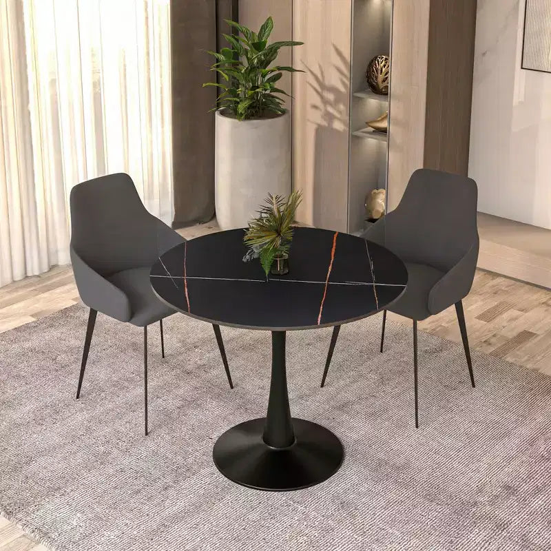 Bristol 31 Round Dining Table Sintered Stone Top, Black Steel Pedestal Base, Accent Café Table for Kitchen & Small Spaces