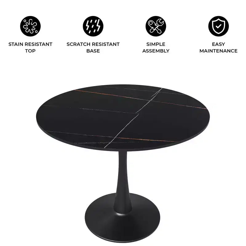 Bristol 31 Round Dining Table Sintered Stone Top, Black Steel Pedestal Base, Accent Café Table for Kitchen & Small Spaces