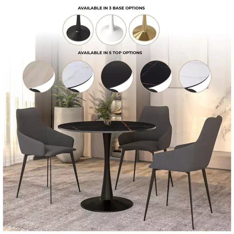 Bristol 31 Round Dining Table Sintered Stone Top, Black Steel Pedestal Base, Accent Café Table for Kitchen & Small Spaces