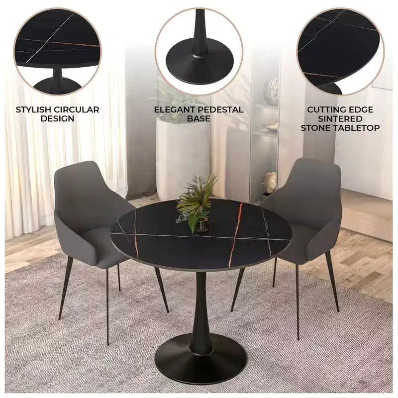 Bristol 31 Round Dining Table Sintered Stone Top, Black Steel Pedestal Base, Accent Café Table for Kitchen & Small Spaces
