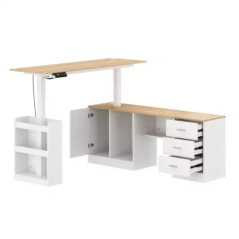 Height-Adjustable Computer Desk Office Desk Standing Desk: L-Shaped Spacious Desktop, Storage Cabinets